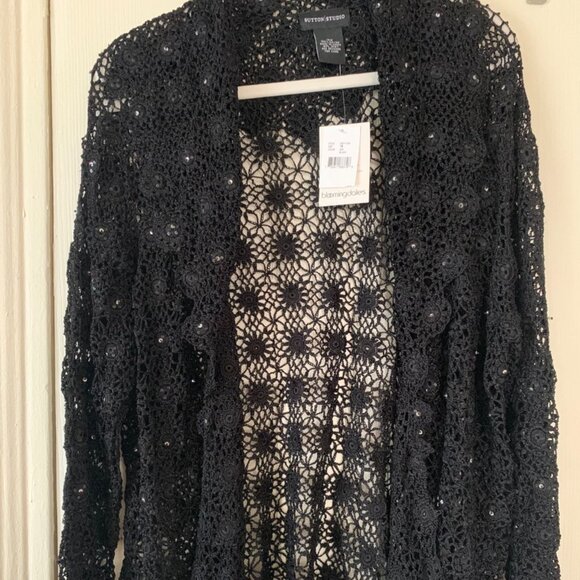 NWT BLACK CROCHET RHINESTONE CARDIGAN - Picture 1 of 4